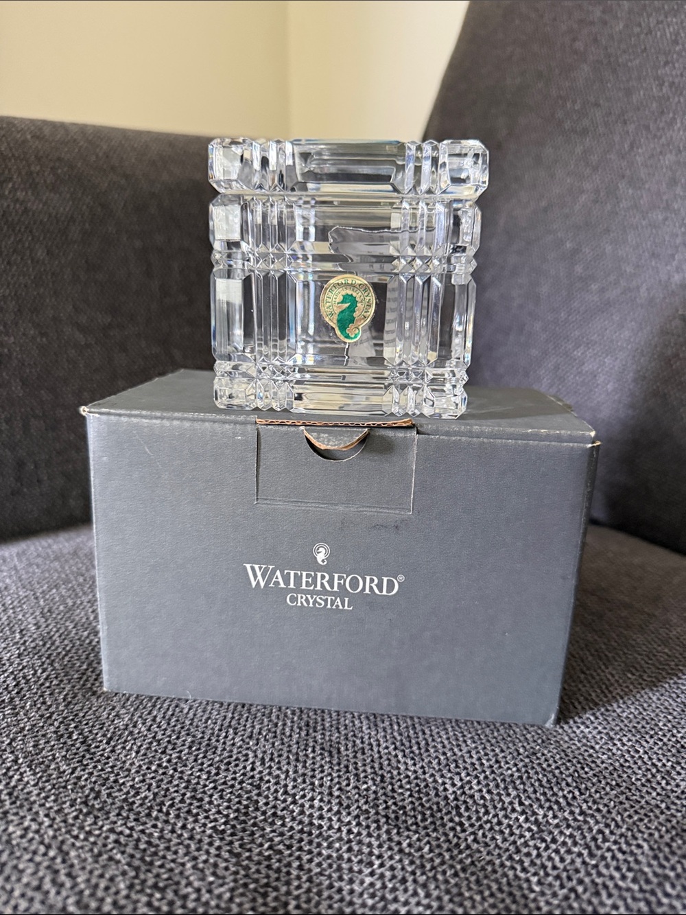 Waterford Clear Crystal Trinket Box with Green and Gold Emblem